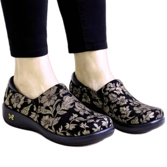 💐 Alegria Comfort Shoes Euro 38 Black Gold Floral Clogs Excellent Fun! 7 7.5 8 - Picture 9 of 16